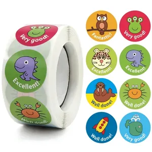 Detail of cartoon animal reward stickers with encouraging English phrases in a roll