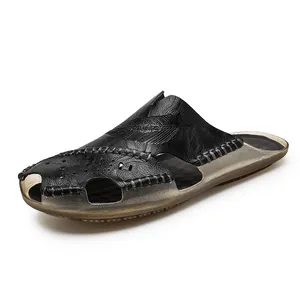 Classic black men's genuine leather closed-toe sandals for summer beach casual wear
