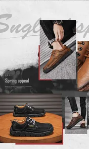 Detailed view of hand-stitched men's casual leather shoes in brown and black colors.