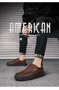 Detail view of men's brown leather casual shoes with hand-stitched details and thick sole.