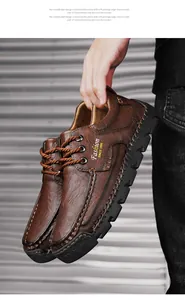 Close-up view of premium hand-stitched brown leather casual shoes for men detail