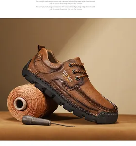 Detailed view of hand-stitched craftsmanship on premium brown leather men's casual shoes