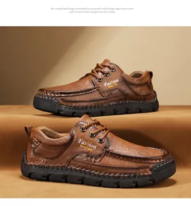 Close-up of brown hand-stitched leather casual shoes for men featuring thick rubber soles