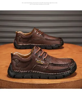 Detailed view of brown hand-stitched men's casual leather shoes with lace-up style