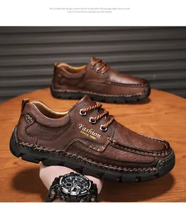 Detailed side view of brown hand-stitched leather casual shoes for men