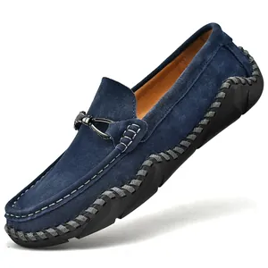 Blaue Wildleder-Loafer für Herren, Autofahrer-Schuhe mit Metallschließe und Kontrastnaht