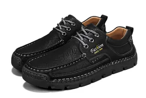 Men's black hand-stitched leather casual shoes with lace-up detail and thick rubber sole