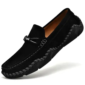 Herren Slipper aus schwarzem Echtleder mit handgenähter Sohle für Freizeit und Autofahren