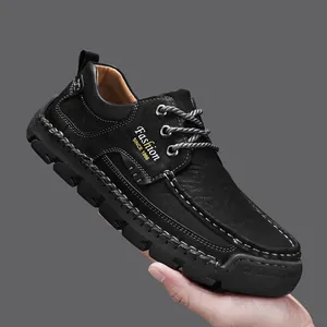 Premium hand-stitched black leather casual shoes for men with thick rubber soles