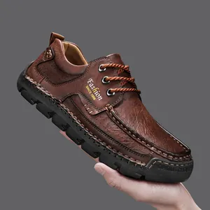 Premium brown handmade stitched leather casual shoes for men with classic lace-up design