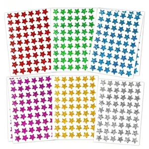 Detailed view of six sheets of holographic star stickers in various vibrant glitter colors