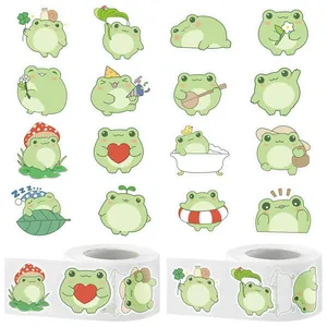 Macro view of 16 unique cute cartoon frog sticker designs with two self-adhesive rolls
