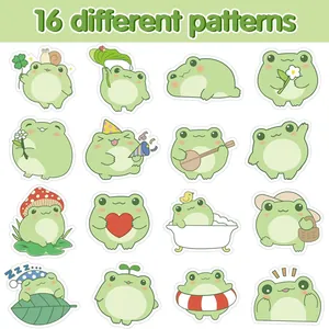 Collection of 16 cute cartoon frog stickers with different patterns for kids decoration
