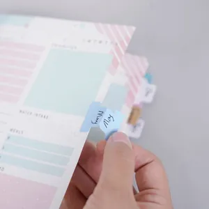 Close-up view of applying a light blue index tab on a pastel-colored planner page