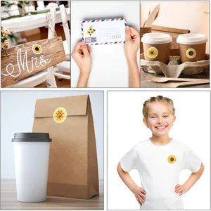 Pegatinas de girasol en tazas de café, sobres y bolsas de regalo