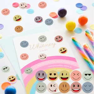 Close-up view of colorful round emoji stickers on a party invitation card context