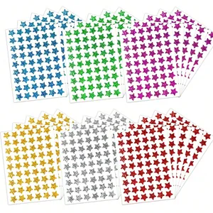 Detailed view of colorful holographic star stickers in six vibrant glitter shades