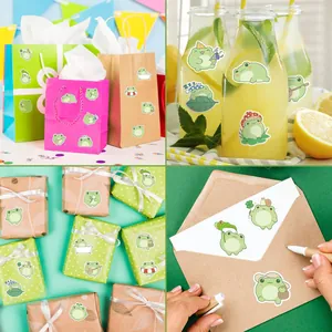 Multiple cute cartoon frog stickers shown decorating gift bags, juice bottles, and letters.