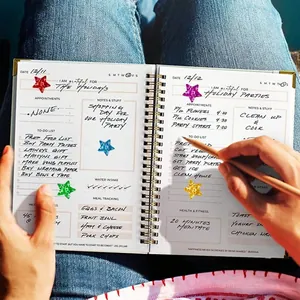 Colorful decorative holographic star stickers used in a daily planner or journal.