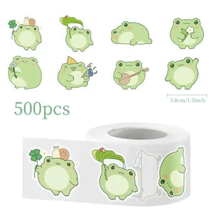 Detail view of 500 pieces cute cartoon frog stickers on a roll, 1.5 inch size.