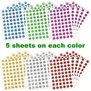 Macro detail showing 6 different colors of holographic glitter star stickers, 5 sheets each