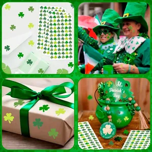 Vues détaillées des autocollants trèfles de la Saint-Patrick sur boîtes cadeaux et fêtes.