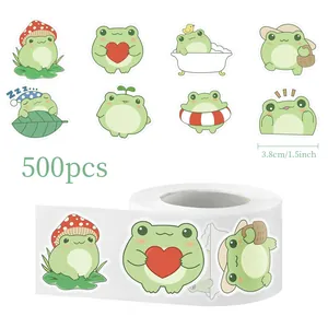 Roll of 500 cute cartoon frog stickers, 1.5 inch reward decals for decoration.