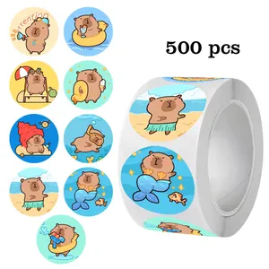 500 Stück süße Cartoon-Wasserschwein-Strandurlaub-Rund-PVC-Aufkleberrolle für DIY-Geschenke