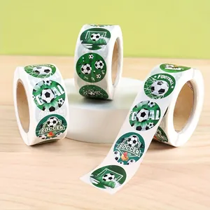 Detailed macro view of circular green soccer ball stickers on rolls for party favors