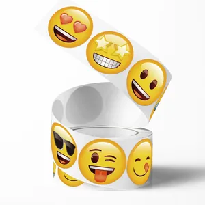 Close-up view of creative funny emoji reward stickers in a roll for party decoration and kids