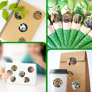 Round jungle animal stickers used for decorating notebooks, laptops, and party bags.