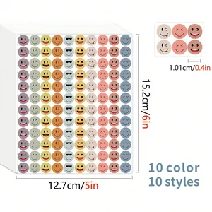 Assorted color smiley face stickers with detailed size measurements 12.7cm x 15.2cm.