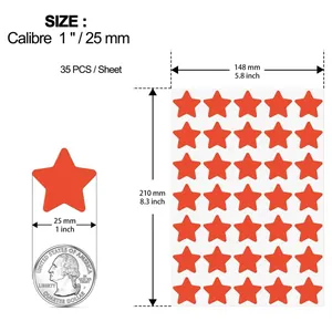 Detailed size and quantity specifications for one inch red star reward sticker sheets