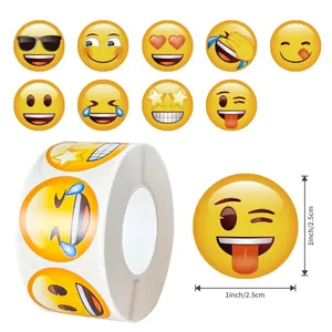 Roll of one-inch yellow emoji reward stickers featuring various funny facial expressions