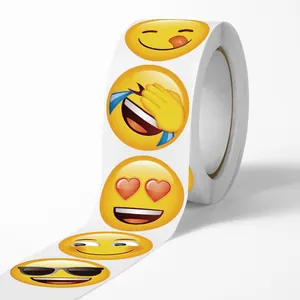 Close-up of funny emoji reward stickers in a roll for party decor and crafts