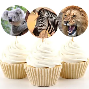 Detailed view of round jungle animal stickers used as cupcake toppers decoration