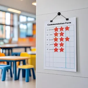 Red glitter star reward stickers applied on a classroom commendation form.