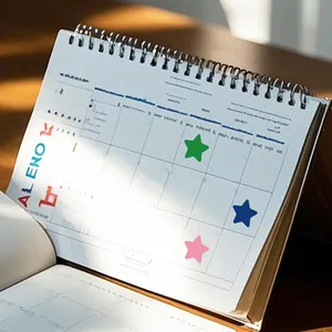 Detail view of colorful star reward stickers used on a spiral-bound student planner