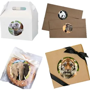 Realistic round jungle animal stickers used for decorating gift boxes and envelopes.