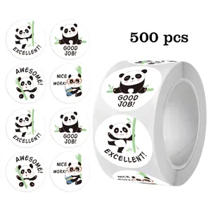 Roll of 500 cute panda reward stickers with motivational English phrases for kids