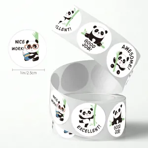 Detailed view of 1-inch panda reward stickers roll featuring positive English phrases