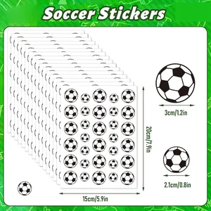 Cuadro de tallas detallado de pegatinas de fútbol en blanco y negro con medidas exactas