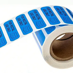 Close-up detail of waterproof blue 'For Rectal Use Only' adhesive labels in a 500-sticker roll
