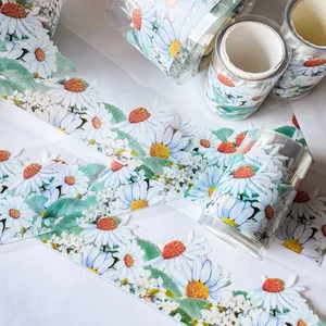 Detailed macro view of daisy floral patterns on transparent PET tape for journaling
