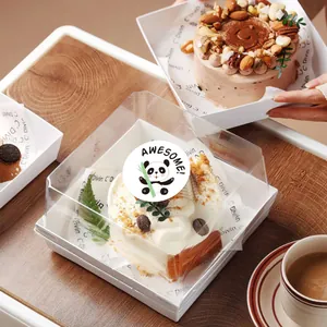 Close-up of a cute cartoon panda 'AWESOME!' reward sticker applied on a clear cake box