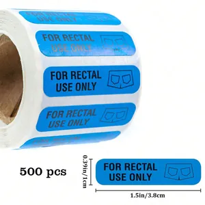 Detailed macro view showing for rectal use only stickers with 1.5x0.39 inch dimensions