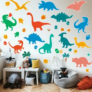 Vibrant cartoon dinosaur wall decal set featuring various colorful species for kids room