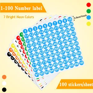 Pegatinas redondas de números de colores 1-100, 2,5 cm de diámetro por hoja