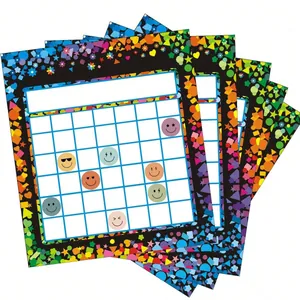 Detailed view of colorful smiley face reward charts featuring vibrant geometric floral borders