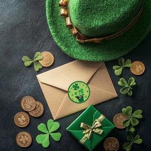 Dettaglio di un adesivo a trifoglio di San Patrizio su una busta di carta kraft.